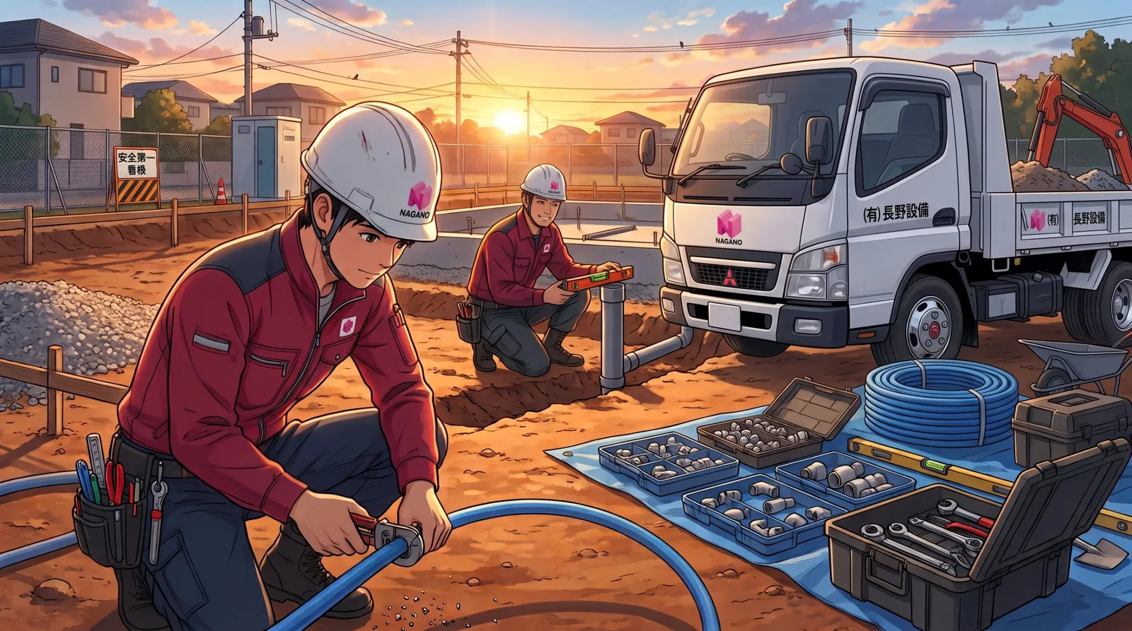 長野設備の給排水工事の現場（イラスト）